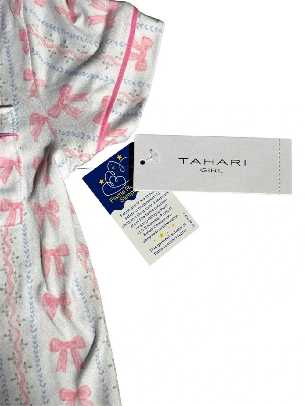 NWT Tahari White and Pink Bow-Print Short Pajama Set with Scrunchie